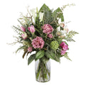Pink Peony and Tulip Garden Artificial Arrangement with pink peonies, pink tulips, white oriental lilies, white cymbidium orchids, green viburnum, and bare branches in a glass fishbowl vase