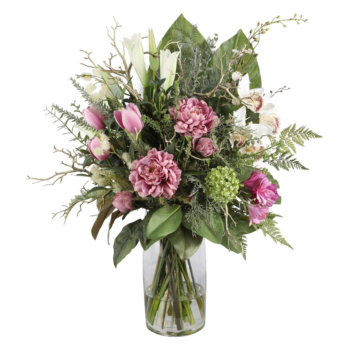 Pink Peony and Tulip Garden Artificial Arrangement with pink peonies, pink tulips, white oriental lilies, white cymbidium orchids, green viburnum, and bare branches in a glass fishbowl vase