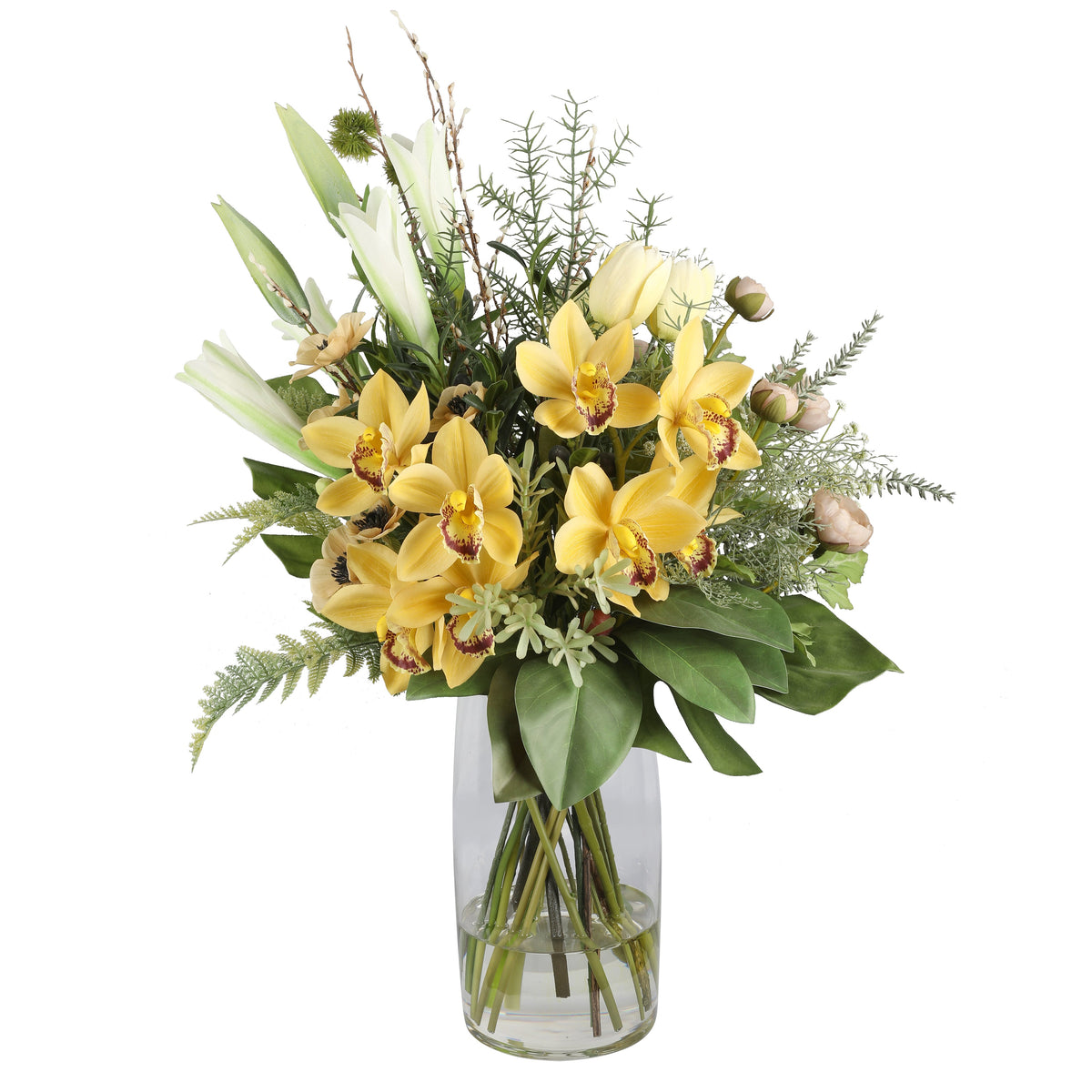 Golden Orchid and Lily Sunshine Artificial Arrangement with golden yellow cymbidium orchids, white oriental lily buds, white tulips, blush ranunculus, and mixed greenery in a tall glass cylinder vase