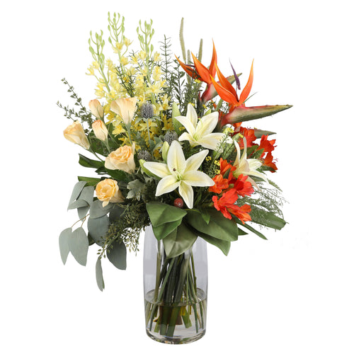 Bird of Paradise and Lily Tropical Artificial Arrangement with bird of paradise, white oriental lilies, peach roses, orange alstroemeria, yellow oncidium orchids, and eucalyptus in a tall glass cylinder vase