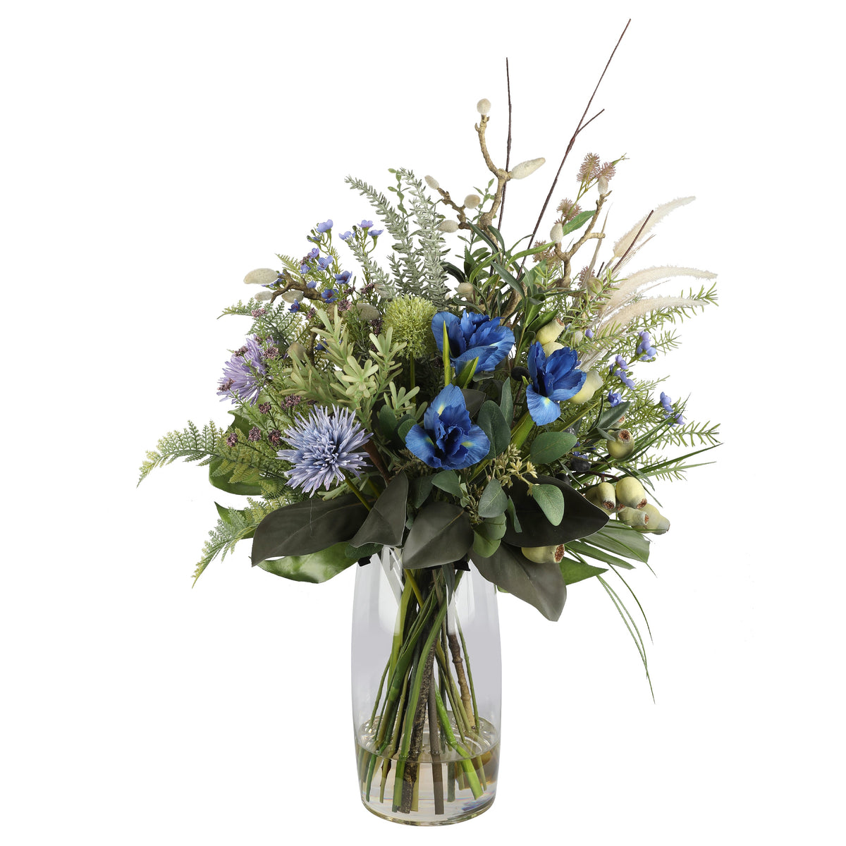 Blue Iris and Thistle Botanical Artificial Arrangement with vivid blue irises, blue globe thistles, lavender asters, pussy willow branches, pampas grass, and eucalyptus in a tall glass cylinder vase