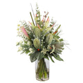 Protea and Banksia Australian Native Artificial Arrangement with pink proteas, green banksia cones, white wax flowers, red hypericum berries, eucalyptus, and native foliage in a tall glass cylinder vase