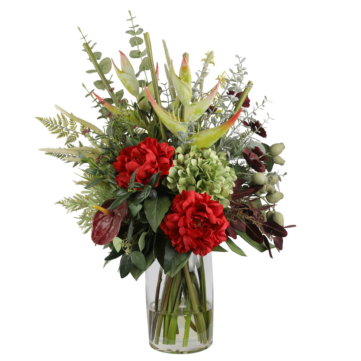 Red Peony and Heliconia Botanical Artificial Arrangement with red peonies, green hydrangea, heliconia, burgundy anthurium, dark foliage, and eucalyptus in a tall glass cylinder vase