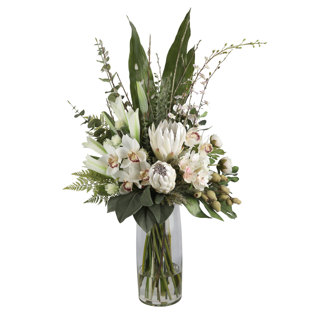 White King Protea and Cymbidium Orchid Pristine Artificial Arrangement with white king protea, white cymbidium orchids, white lily buds, blush ranunculus, and tropical foliage in a tall glass cylinder vase