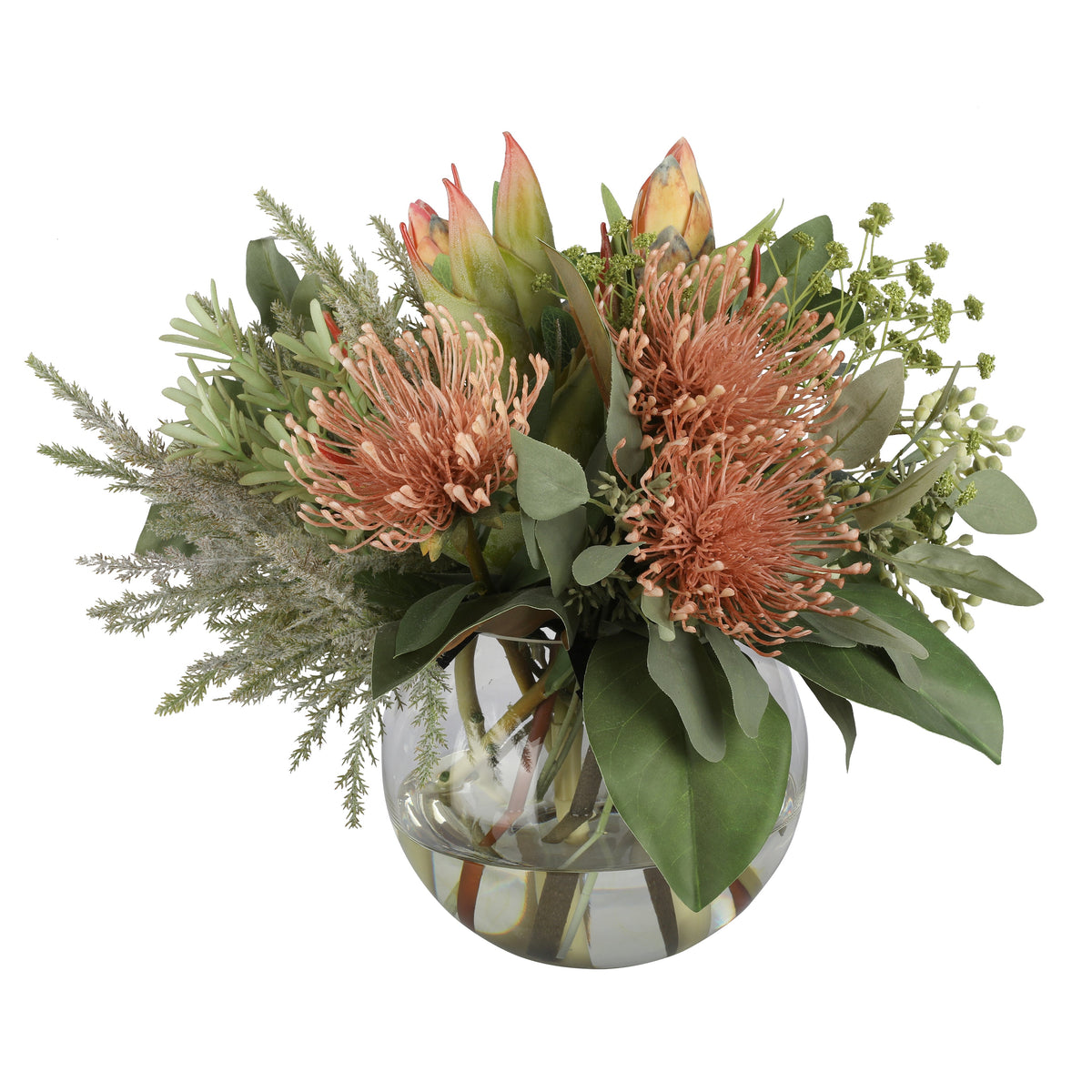 Pincushion Protea Native Artificial Arrangement with coral pink pincushion proteas, green protea buds, white serruria, asparagus fern, and eucalyptus in a glass fishbowl vase
