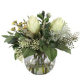 White King Protea and Serruria Native Artificial Arrangement with white king proteas, white serruria, yellow wax flowers, dusty miller, and eucalyptus in a glass fishbowl vase