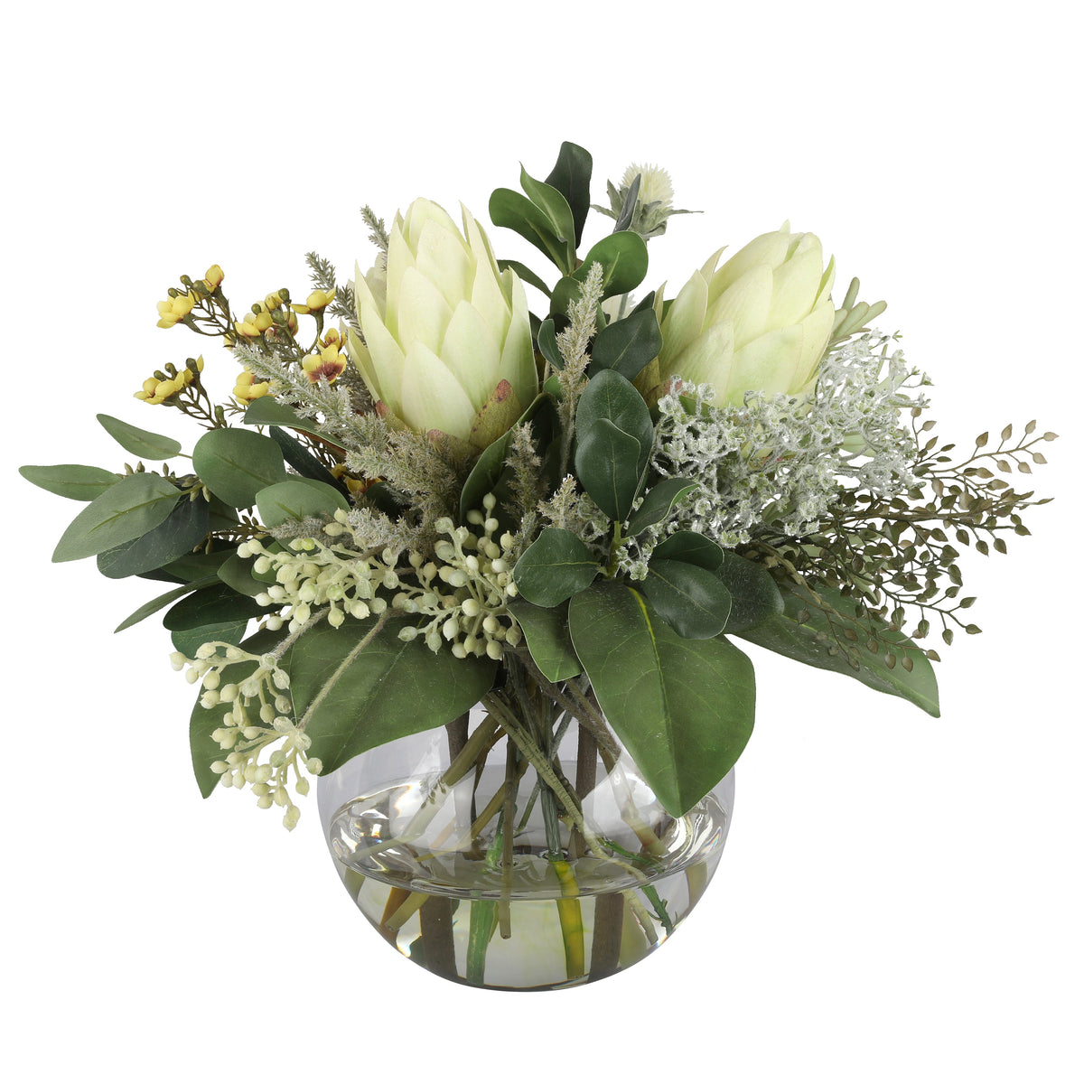 White King Protea and Serruria Native Artificial Arrangement with white king proteas, white serruria, yellow wax flowers, dusty miller, and eucalyptus in a glass fishbowl vase