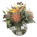 Bird of Paradise and Pincushion Protea Tropical Artificial Arrangement with bird of paradise flowers, coral pink pincushion proteas, burgundy hellebores, and mixed tropical foliage in a glass fishbowl vase