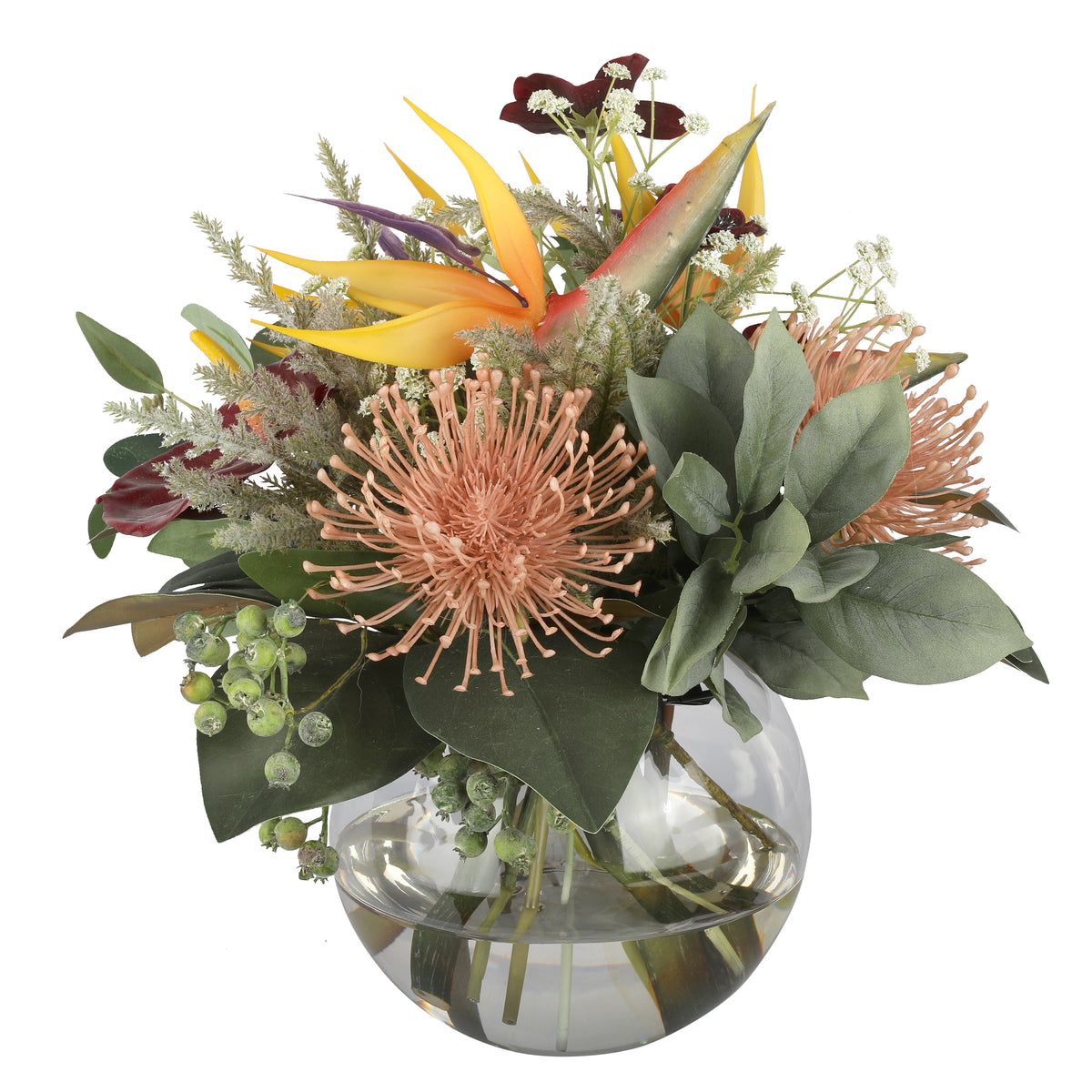 Bird of Paradise and Pincushion Protea Tropical Artificial Arrangement with bird of paradise flowers, coral pink pincushion proteas, burgundy hellebores, and mixed tropical foliage in a glass fishbowl vase