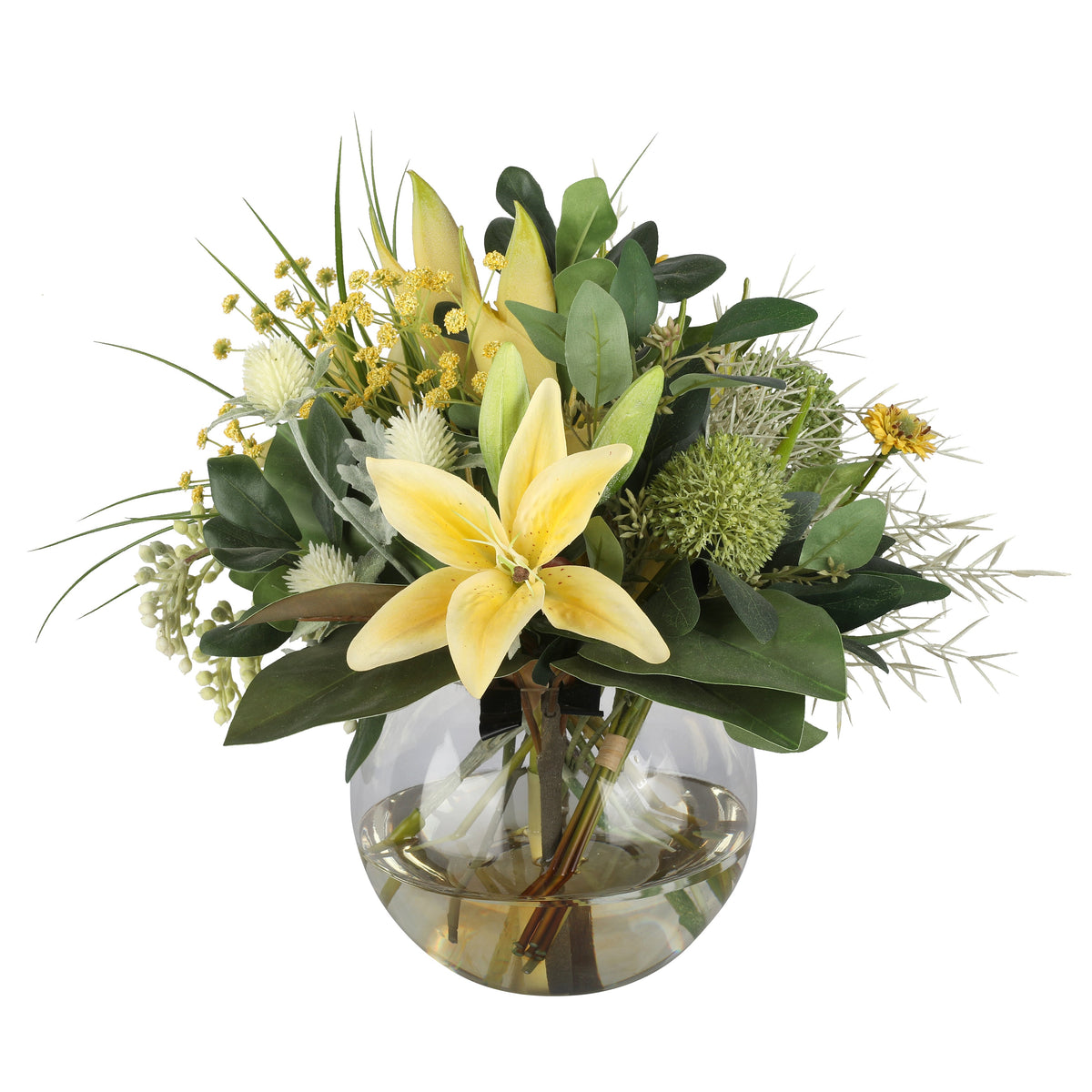 Yellow Lily and Wattle Botanical Artificial Arrangement with soft yellow asiatic lily, green allium balls, white globe thistle, yellow wattle, and mixed foliage in a glass fishbowl vase