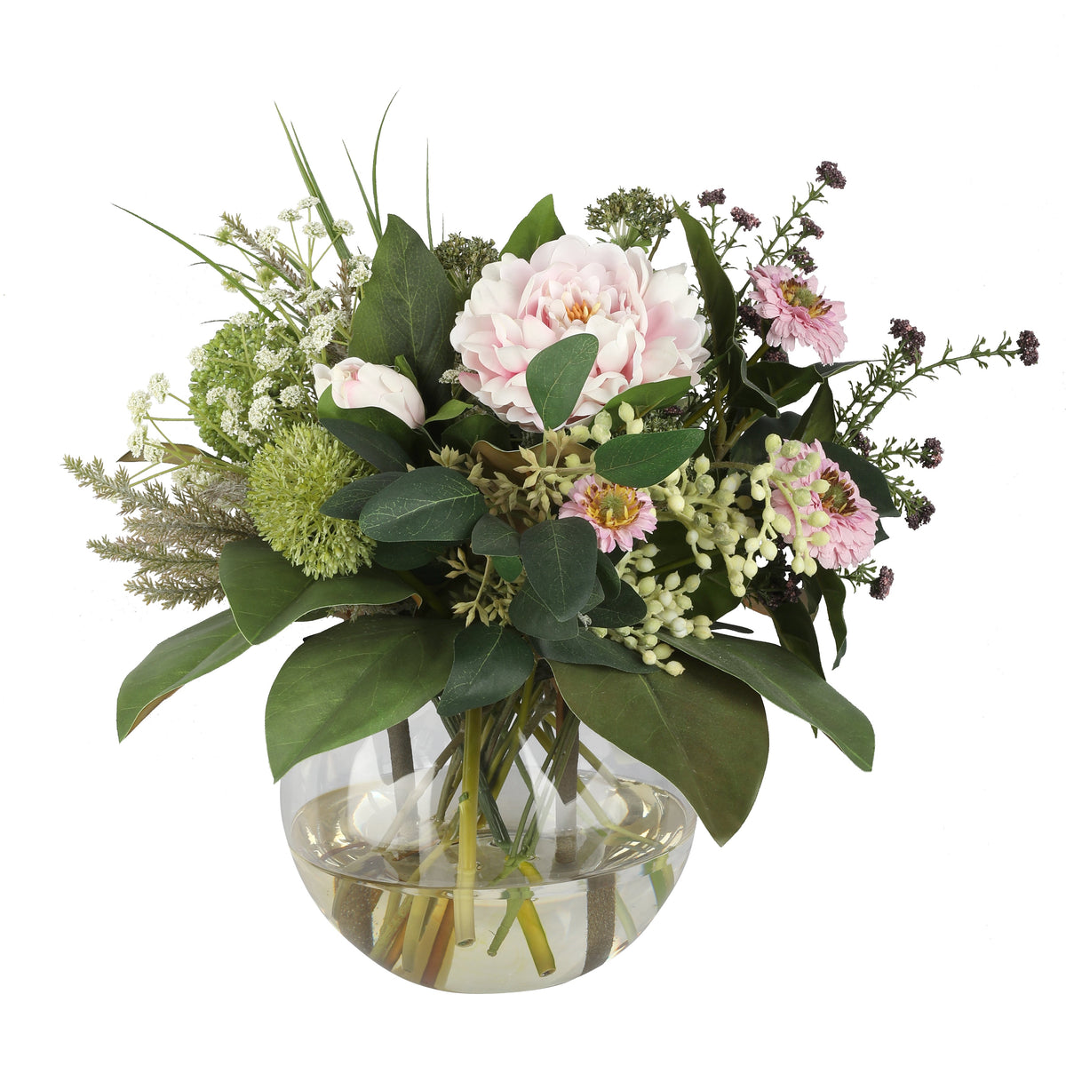 Blush Peony and Aster Cottage Garden Artificial Arrangement with blush pink peonies, pink asters, purple statice, green allium, white viburnum, and mixed greenery in a glass fishbowl vase