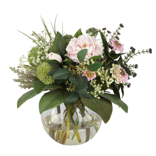 Blush Peony and Aster Cottage Garden Artificial Arrangement with blush pink peonies, pink asters, purple statice, green allium, white viburnum, and mixed greenery in a glass fishbowl vase