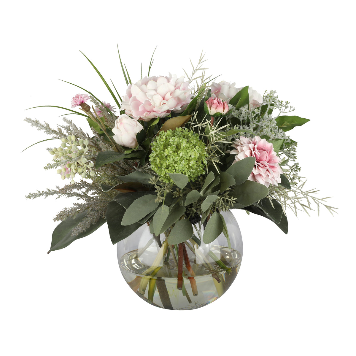 Blush Peony and Spray Rose Garden Romance Artificial Arrangement with blush pink peonies, pink spray roses, pink carnations, green hydrangea, and mixed garden foliage in a glass fishbowl vase