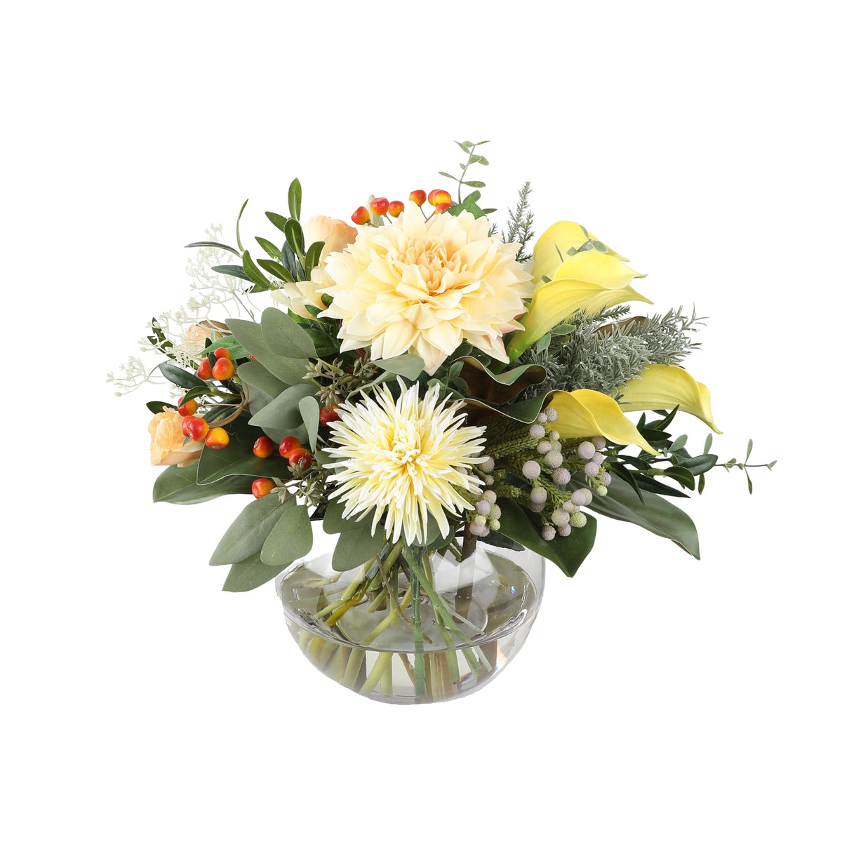 Golden Hour Artificial Bouquet with cream dahlia, white chrysanthemum, yellow calla lilies, peach roses, and red-orange berries in a glass fishbowl vase