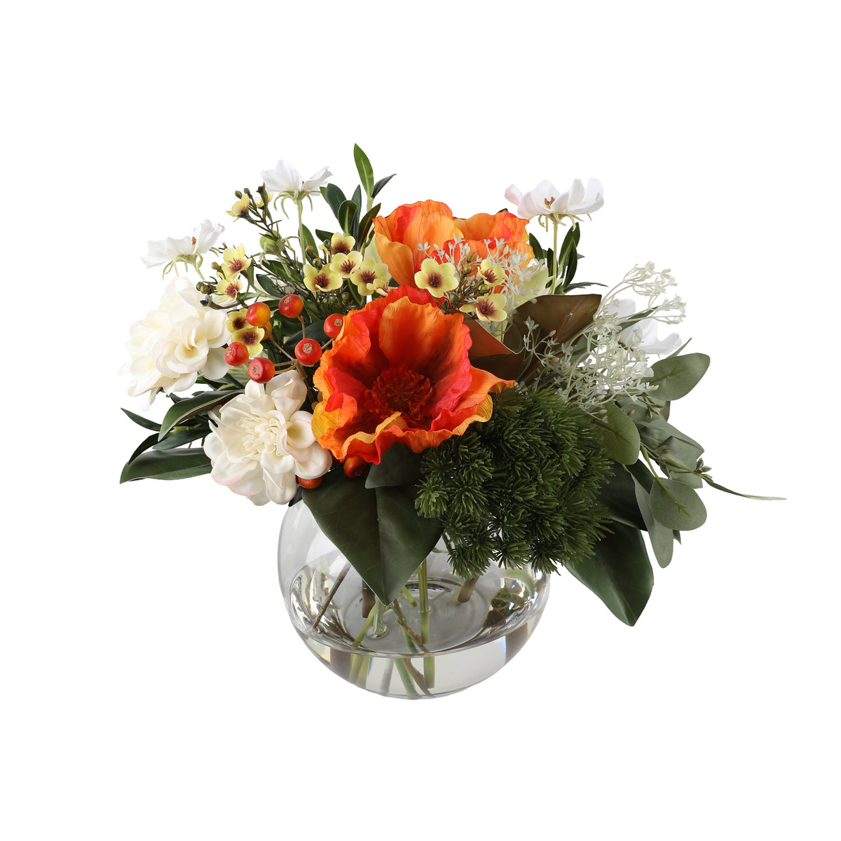 Wild Poppy Artificial Bouquet with orange poppies, white freesias, cream hydrangea, allium, and red berries in a glass fishbowl vase