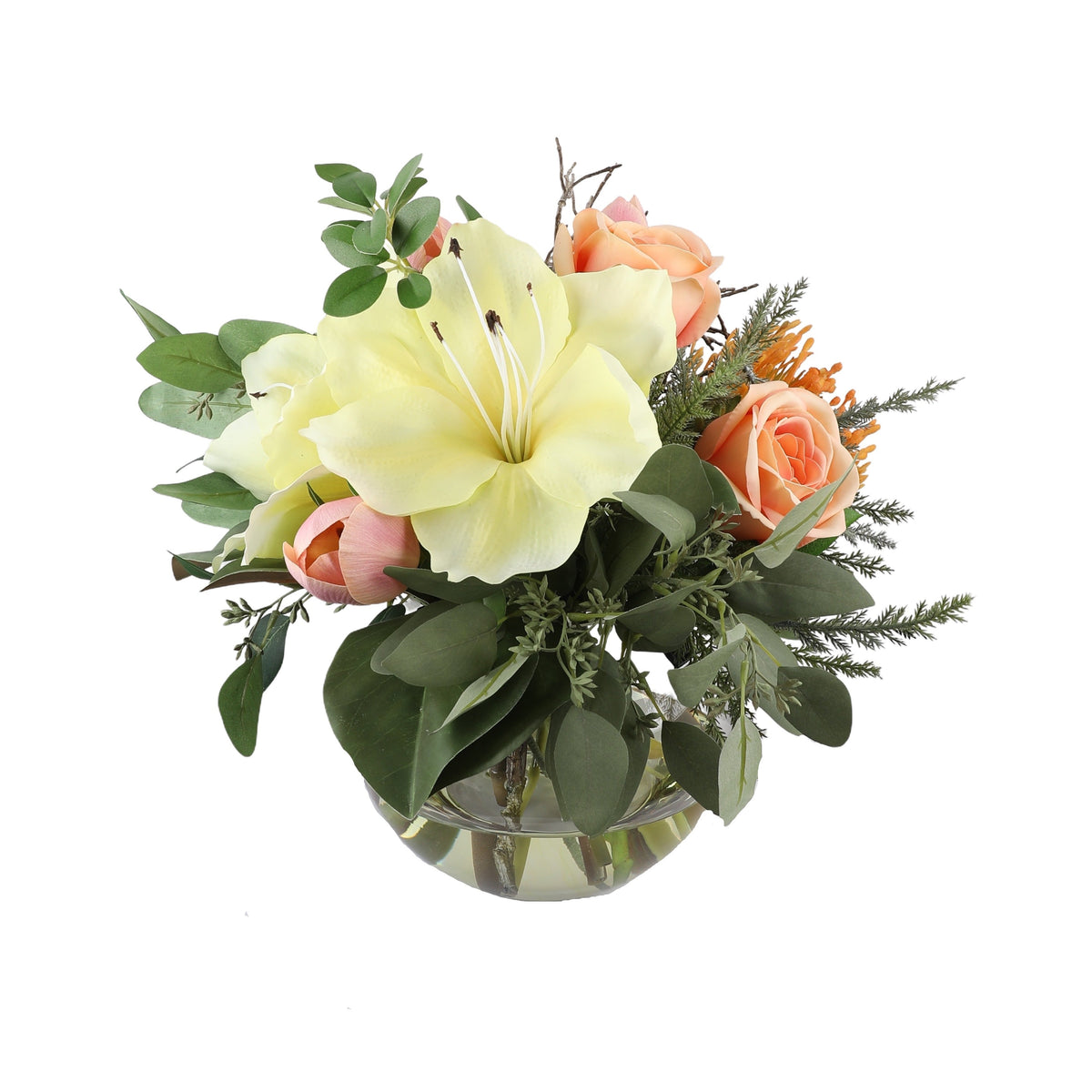 Peach Blossom Artificial Bouquet with cream amaryllis, peach roses, blush tulips, orange protea, and feathery greenery in a glass fishbowl vase