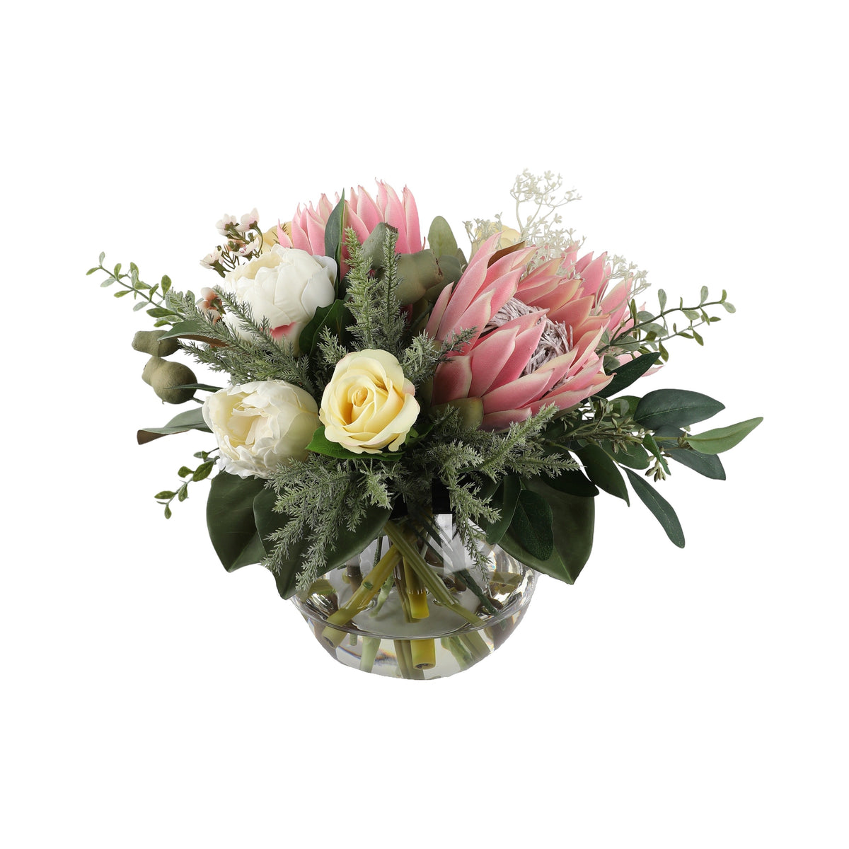 King Protea Artificial Bouquet with pink king proteas, white peonies, cream rose, baby's breath, and eucalyptus in a glass fishbowl vase