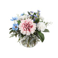 Blue Skies Artificial Bouquet with blush pink dahlia, white dahlias, blue cosmos, and purple wax flowers in a glass fishbowl vase