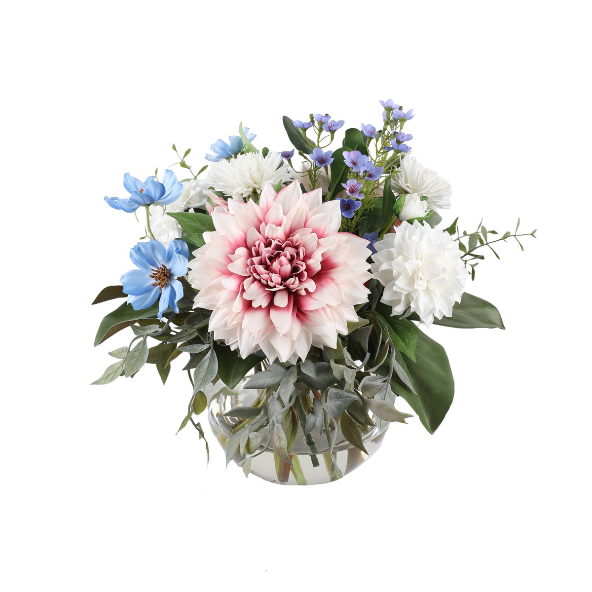 Blue Skies Artificial Bouquet with blush pink dahlia, white dahlias, blue cosmos, and purple wax flowers in a glass fishbowl vase