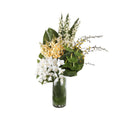 Orchid Gallery Artificial Arrangement with white phalaenopsis orchids, yellow cymbidium orchids, white dendrobium orchids, yellow oncidium orchids, and large monstera leaves in a tall glass cylinder vase