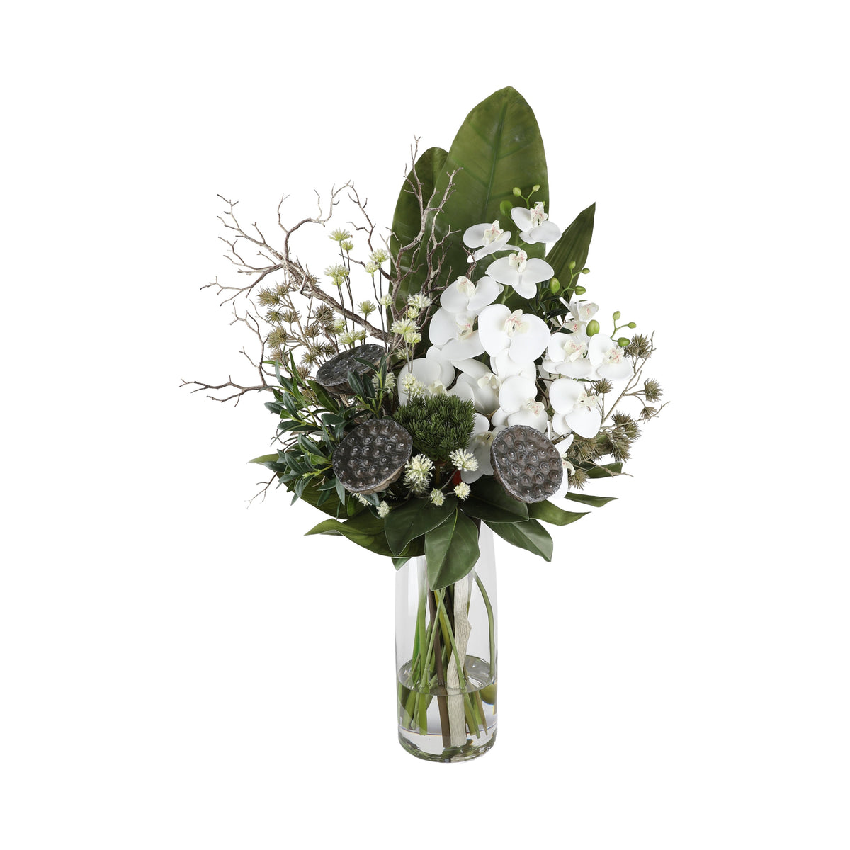 Zen Orchid and Lotus Artificial Arrangement with white phalaenopsis orchids, dried lotus seed pods, silver eryngium thistle, white wax flowers, silver branches, and magnolia leaf in a tall glass cylinder vase