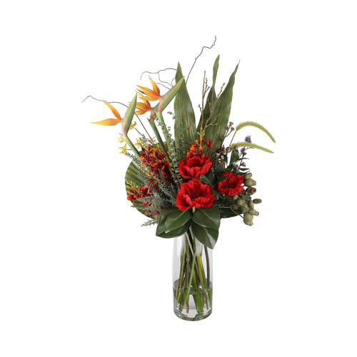 Bird of Paradise Tropical Artificial Arrangement with bird of paradise flower, red lisianthus, orange mokara orchids, dried fan palm leaf, curly willow, and pampas grass in a tall glass cylinder vase