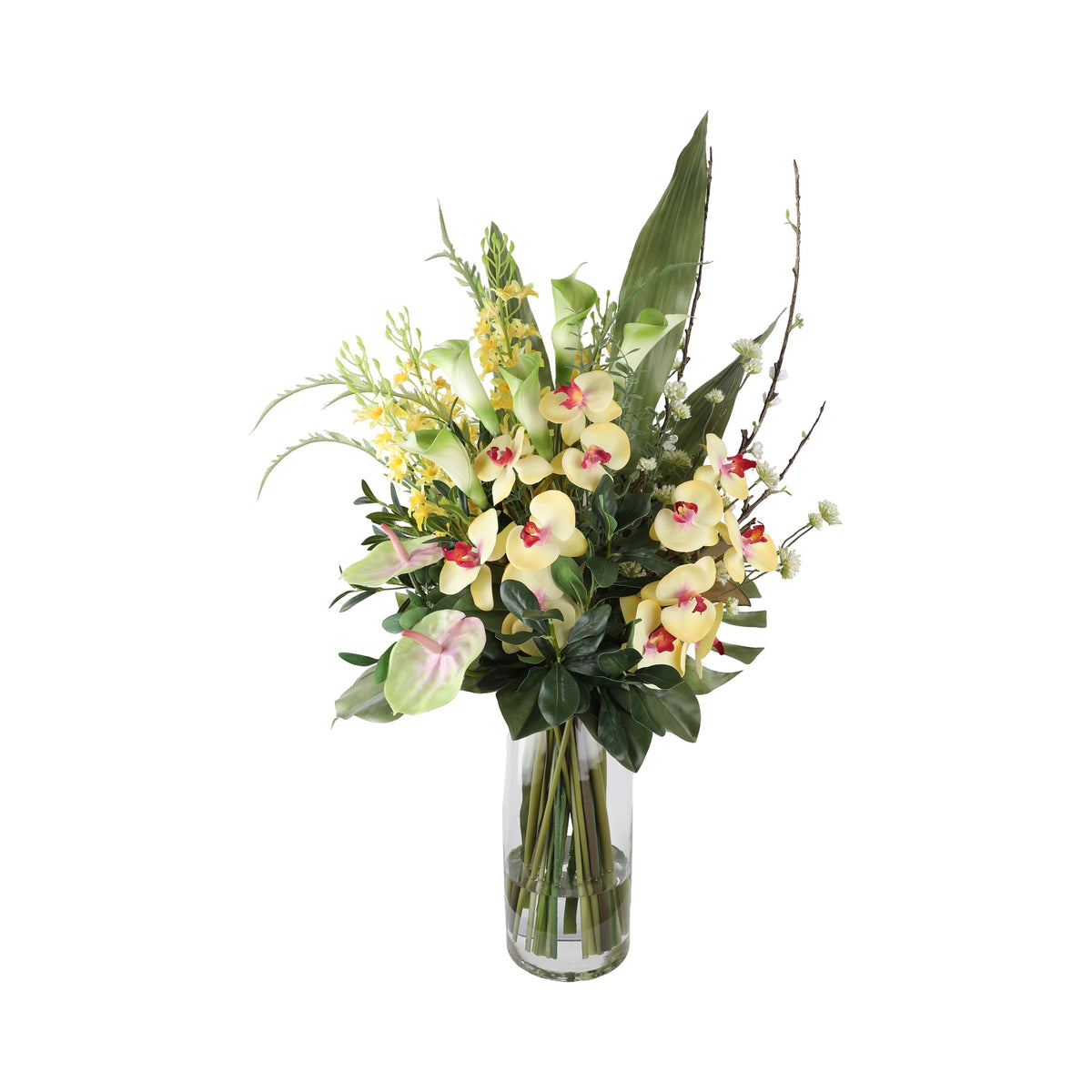 Cream Cymbidium Orchid and Calla Lily Artificial Arrangement with cream and yellow cymbidium orchids, yellow oncidium orchids, green calla lilies, blush anthurium, and white wax flowers in a tall glass cylinder vase