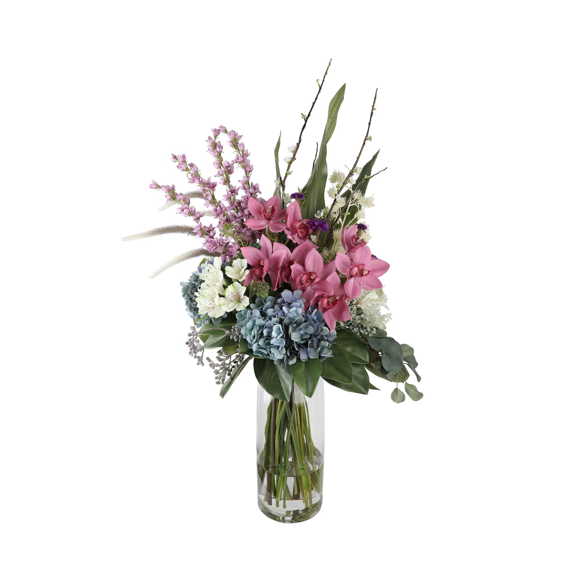 Pink Orchid and Blue Hydrangea Artificial Arrangement with pink cymbidium orchids, blue-grey hydrangea, white alstroemeria, lavender delphiniums, purple statice, and pampas grass in a tall glass cylinder vase