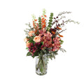Autumn Orchid Artificial Arrangement with pink cymbidium orchids, peach roses, burgundy alstroemeria, orange crocosmia, and eucalyptus in a tall glass cylinder vase