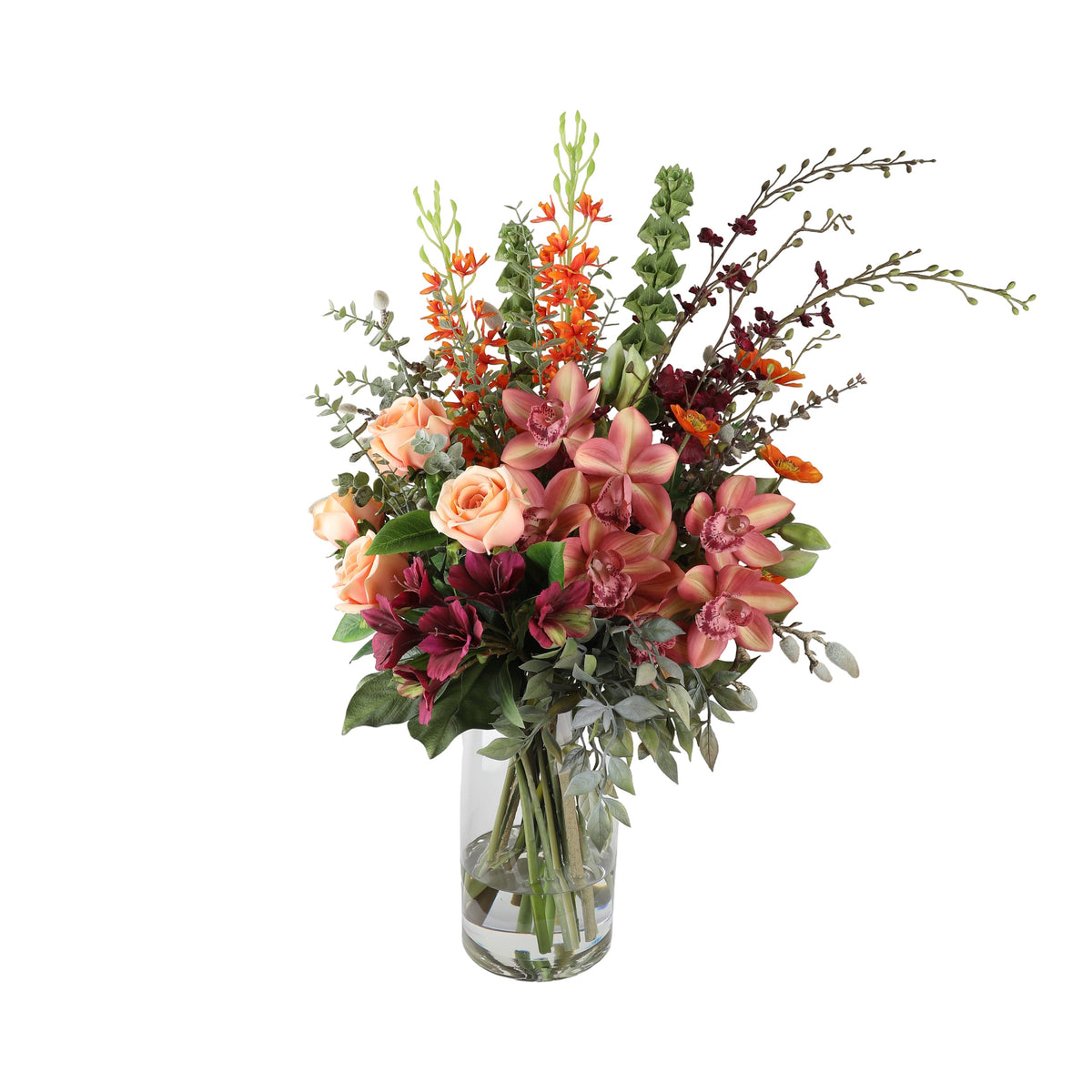Autumn Orchid Artificial Arrangement with pink cymbidium orchids, peach roses, burgundy alstroemeria, orange crocosmia, and eucalyptus in a tall glass cylinder vase