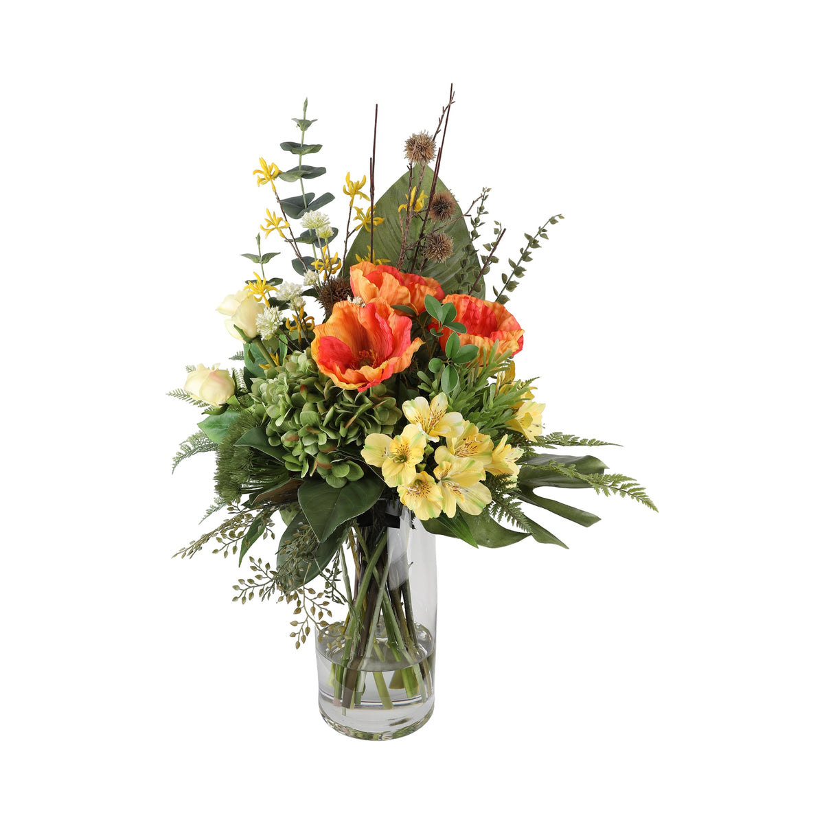 Wildflower Harvest Artificial Arrangement with orange poppies, green hydrangea, yellow alstroemeria, white roses, oncidium orchids, thistle, and monstera leaf in a tall glass cylinder vase