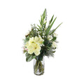 White Garden Artificial Arrangement with cream amaryllis, white roses, pink alstroemeria, gladiolus spikes, baby's breath, and dusty miller in a tall glass cylinder vase