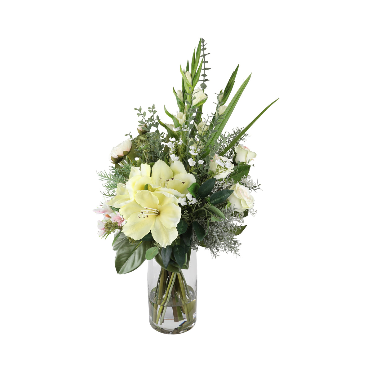 White Garden Artificial Arrangement with cream amaryllis, white roses, pink alstroemeria, gladiolus spikes, baby's breath, and dusty miller in a tall glass cylinder vase