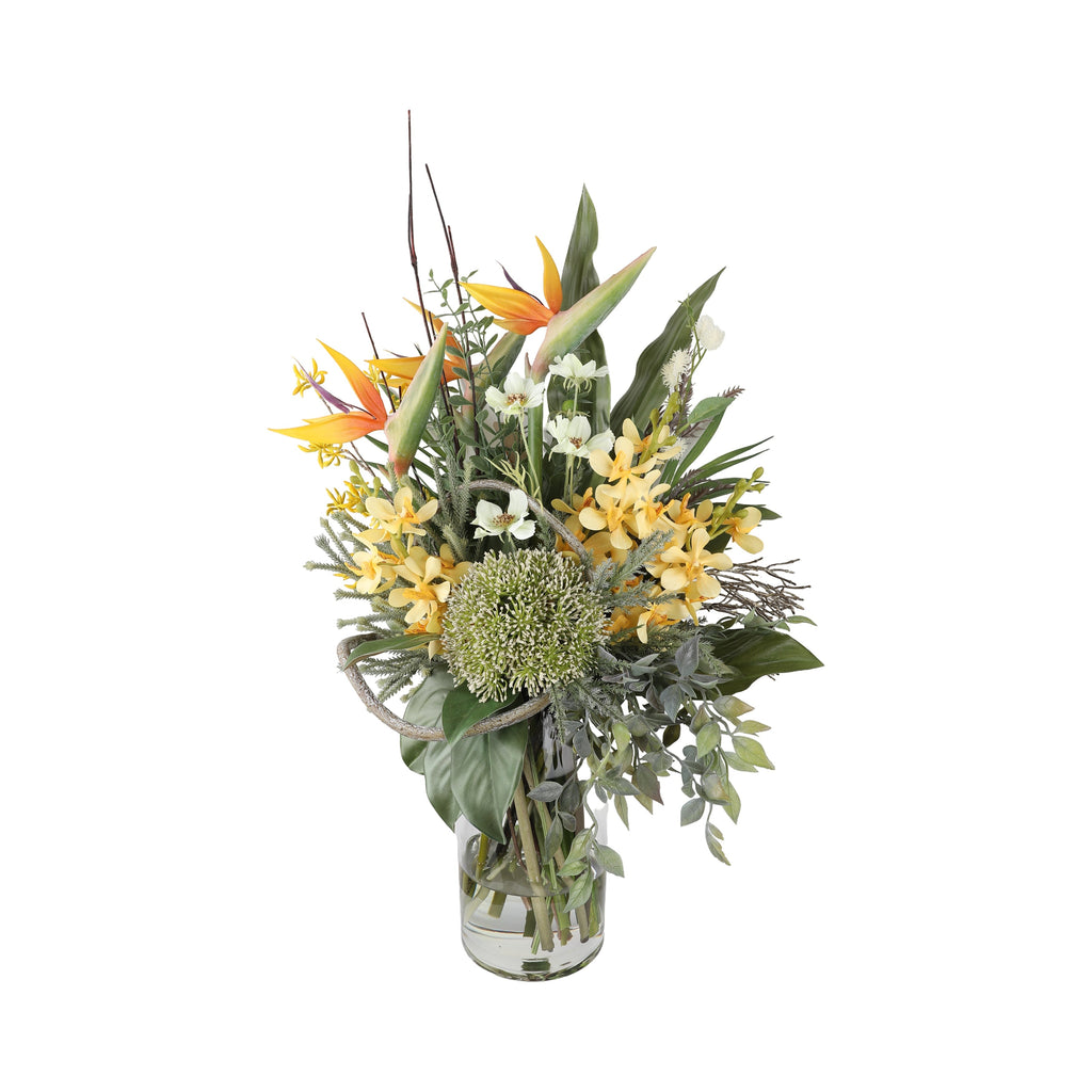 Bird of Paradise Artificial Arrangement with bird of paradise flowers, yellow cymbidium orchids, green allium, white cosmos, and curly willow in a tall glass cylinder vase