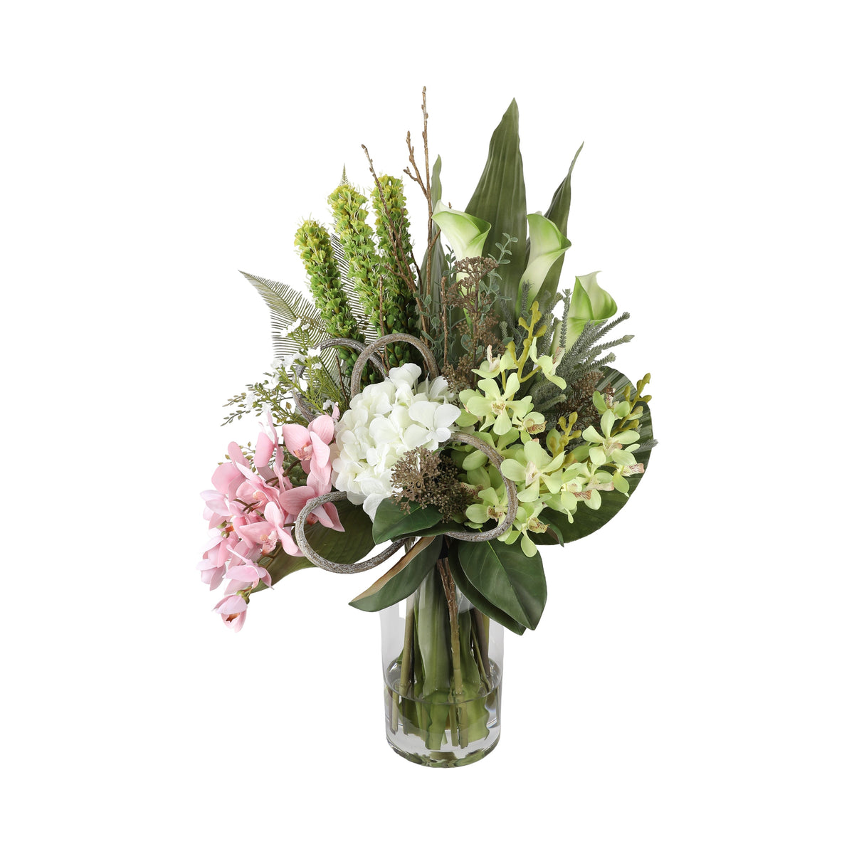 Botanical Garden Artificial Arrangement with pink and green cymbidium orchids, white hydrangea, green calla lilies, bell flowers, and tropical foliage in a tall glass cylinder vase