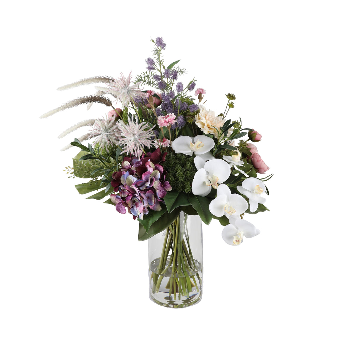 Boho Romance Artificial Arrangement with purple hydrangea, white phalaenopsis orchids, pink peonies, spider chrysanthemums, blue eryngium, and pampas grass in a tall glass cylinder vase