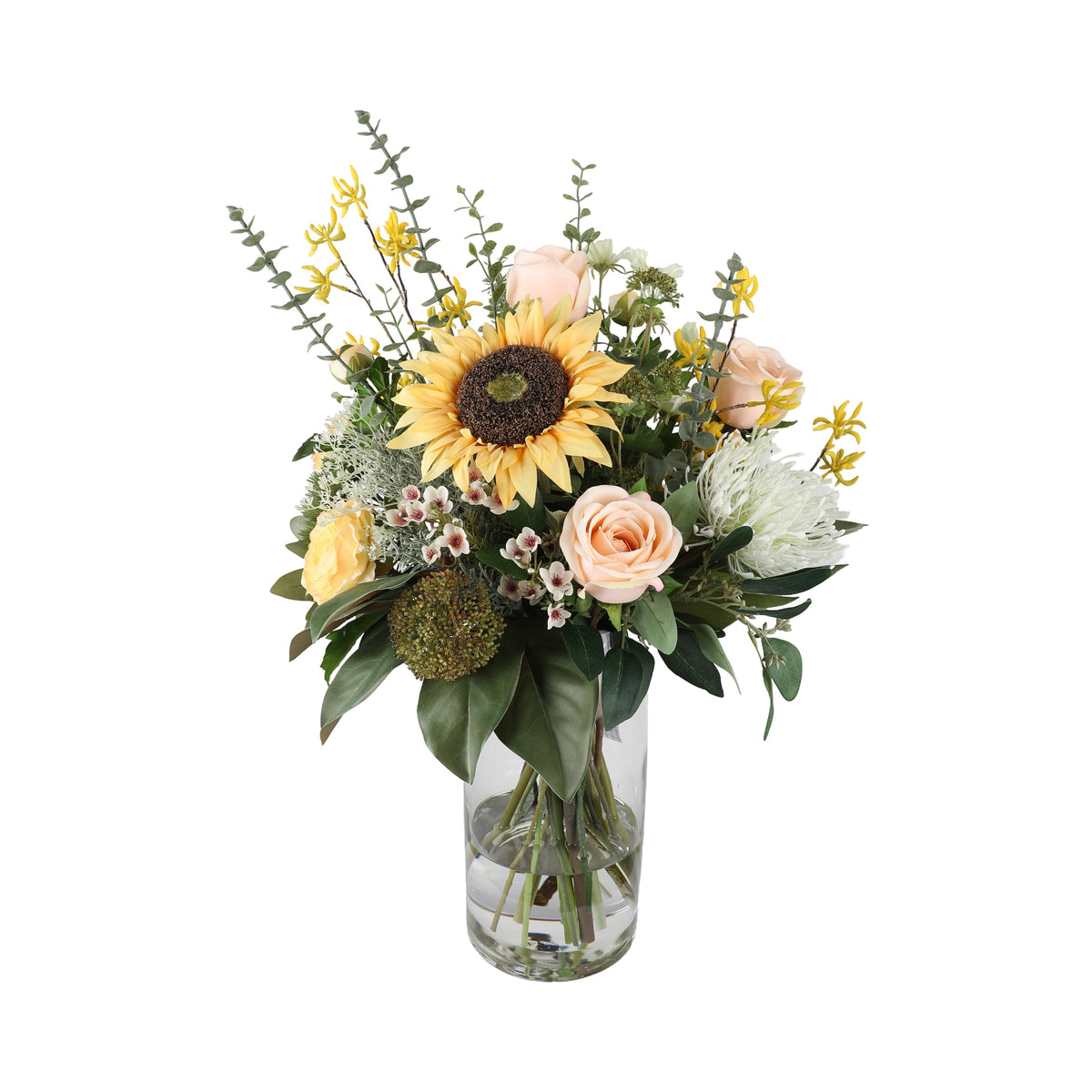 Sunflower and Peach Rose Artificial Bouquet with large sunflower, peach roses, white king protea, green allium, yellow wax flowers, and eucalyptus in a glass cylinder vase