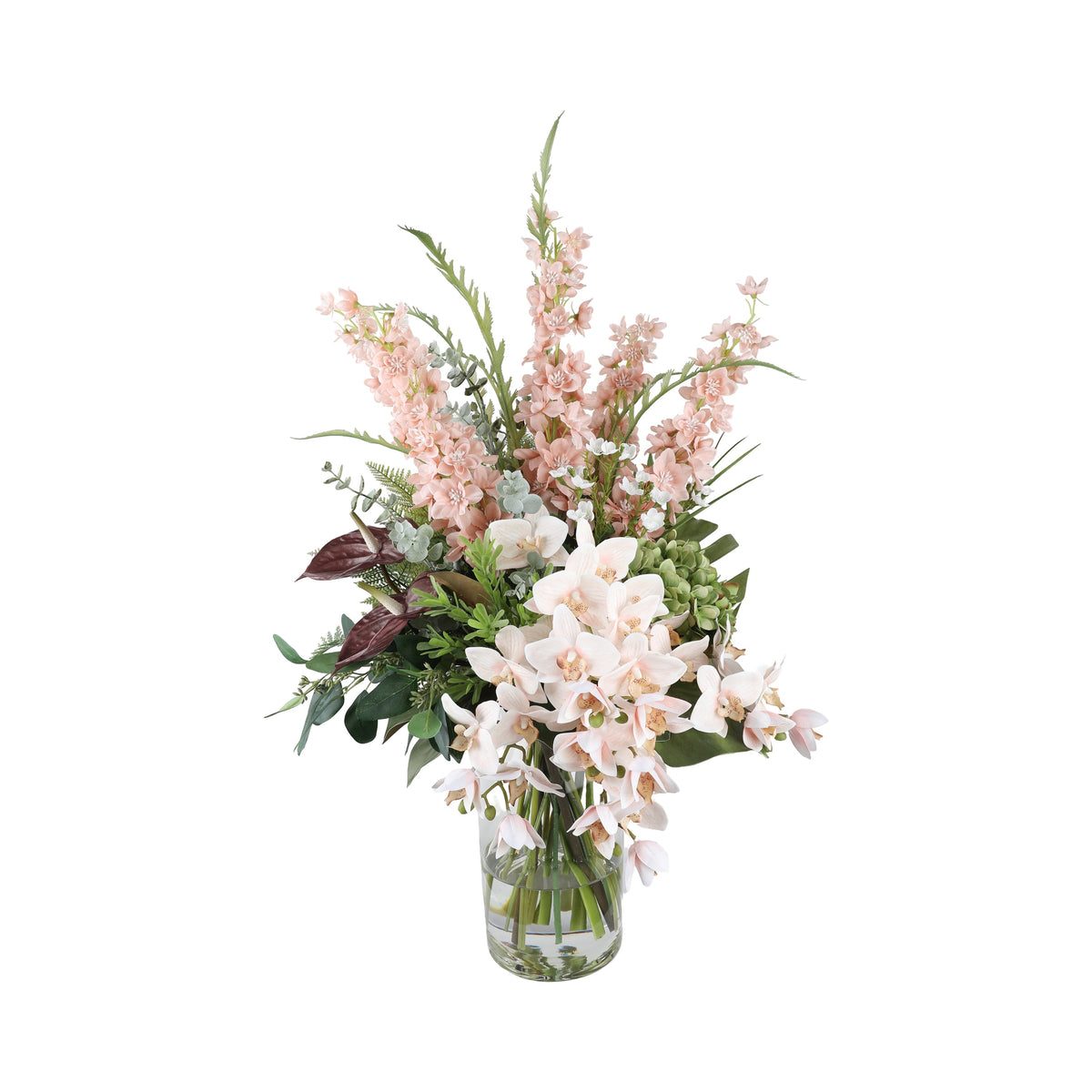 Blush Delphinium and Orchid Artificial Arrangement with tall pink delphiniums, white and blush cymbidium orchids, green hydrangea, burgundy leaves, and ferns in a tall glass cylinder vase