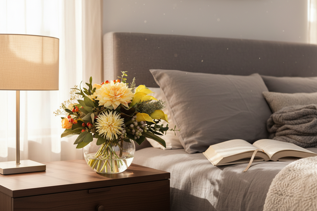 Golden Hour artificial bouquet, approximately 20 by 20 centimetres, styled on a coffee table in a refined Australian living room