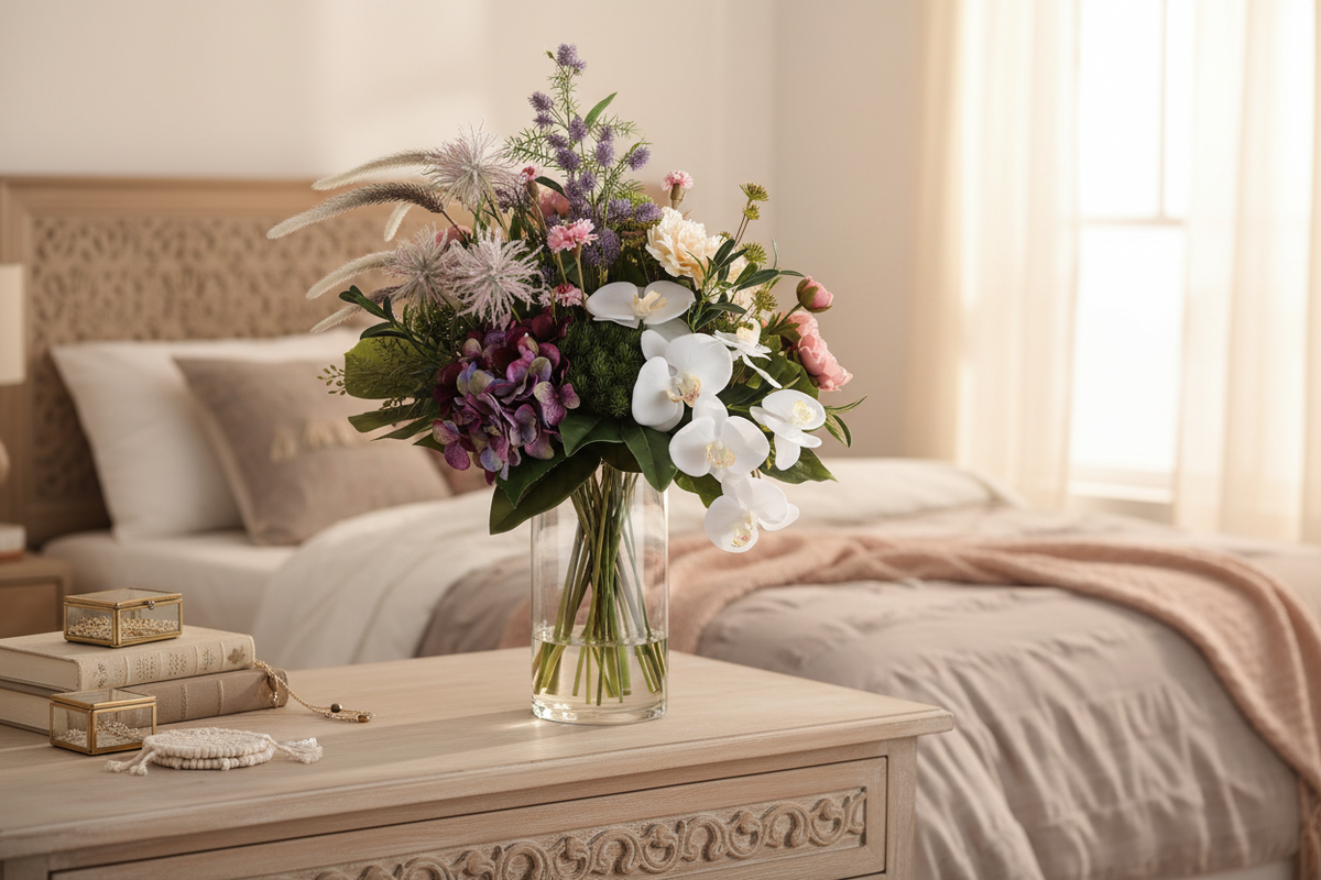 Boho Romance medium artificial arrangement on a bedroom dresser, grounded in a tall glass cylinder vase, 60 x 30 cm