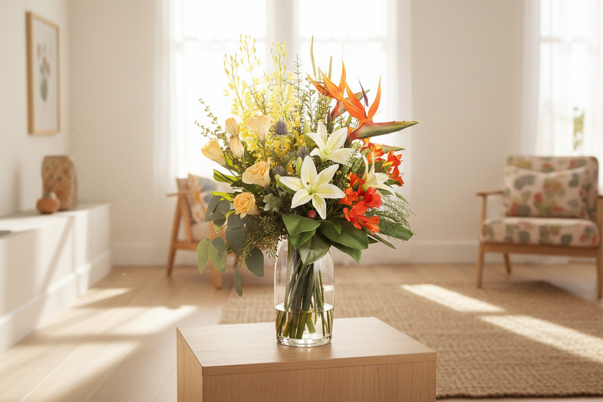 Medium Bird of Paradise and Lily Tropical artificial arrangement preserved from the original product photo on living room furniture, grounded in a tall clear cylinder vase, 60 x 30 cm