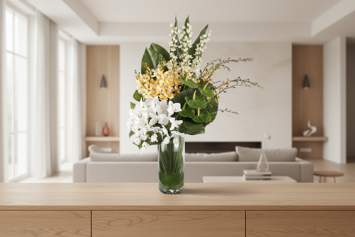 Orchid Gallery extra-large artificial arrangement on a living room sideboard, grounded in a tall glass cylinder vase, 90 x 40 cm