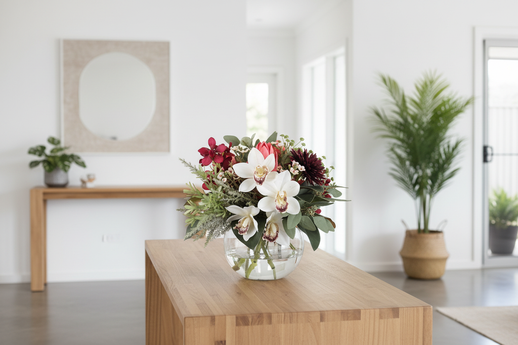 White Orchid and Burgundy Dahlia Luxe artificial arrangement in a glass fishbowl vase on an entryway console