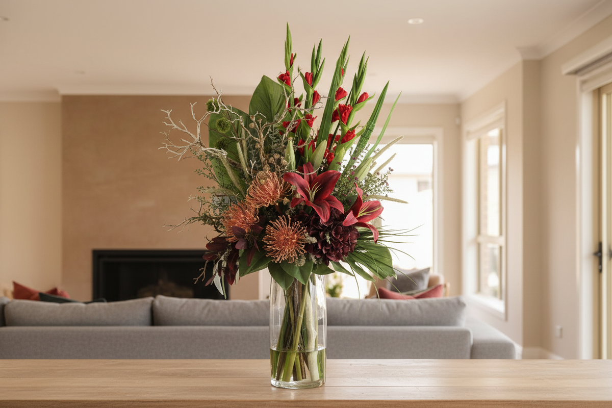 Red Gladiolus and Pincushion Protea Dramatic artificial arrangement in a tall clear glass cylinder vase on a living room sideboard, large 90x40 cm scale