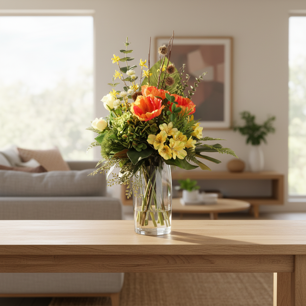 Wildflower Harvest 60 by 30 centimetre artificial arrangement in a tall cylinder vase on a console