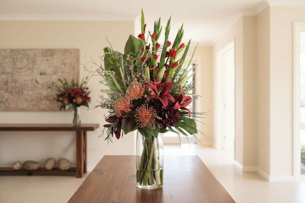 Red Gladiolus and Pincushion Protea Dramatic artificial arrangement in a tall clear glass cylinder vase on a substantial entryway console, large 90x40 cm scale