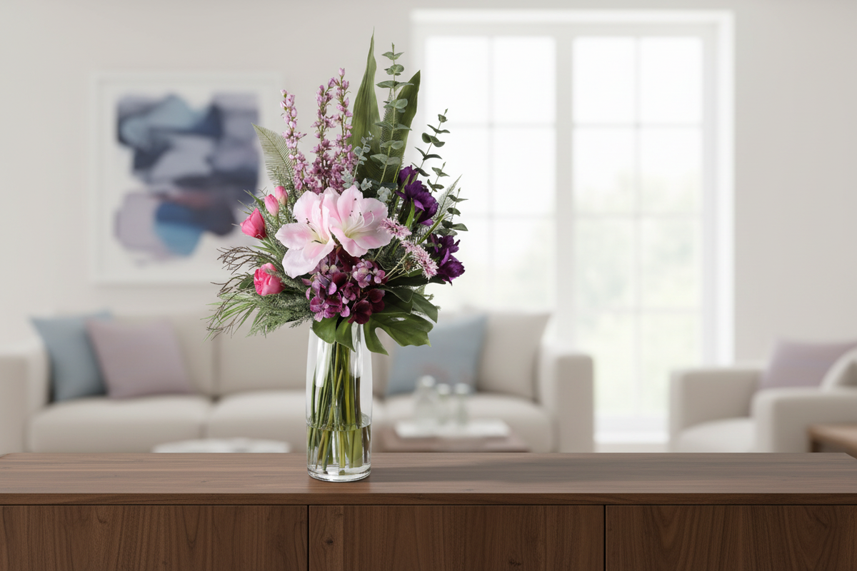 Purple Reign large artificial arrangement on a living room sideboard, grounded in a tall glass cylinder vase, 90 x 40 cm