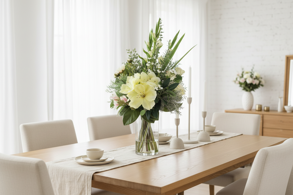 White Garden medium artificial flower arrangement in a tall glass cylinder vase on a dining table