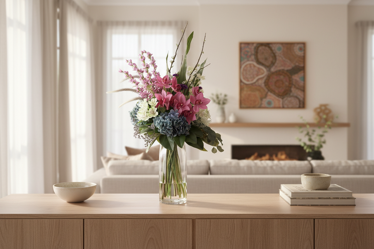 Large Pink Orchid and Blue Hydrangea artificial arrangement preserved from the original product photo on living room furniture, grounded in a tall clear cylinder vase, 90 x 40 cm