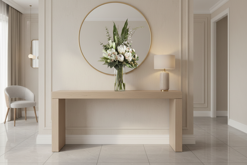 White King Protea and Cymbidium Orchid Pristine artificial arrangement in a luxury entryway